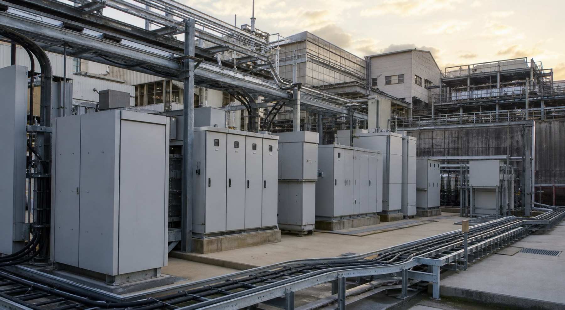 工場の受変電設備（キュービクル）と電気設備工事の現場